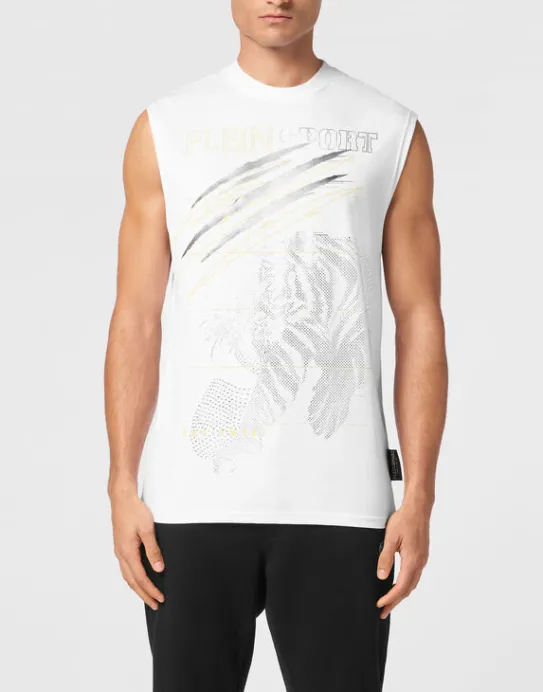 Best Philipp Plein Cotton Dotted T-shirt Round Neck Sleeveless Lamina Tiger